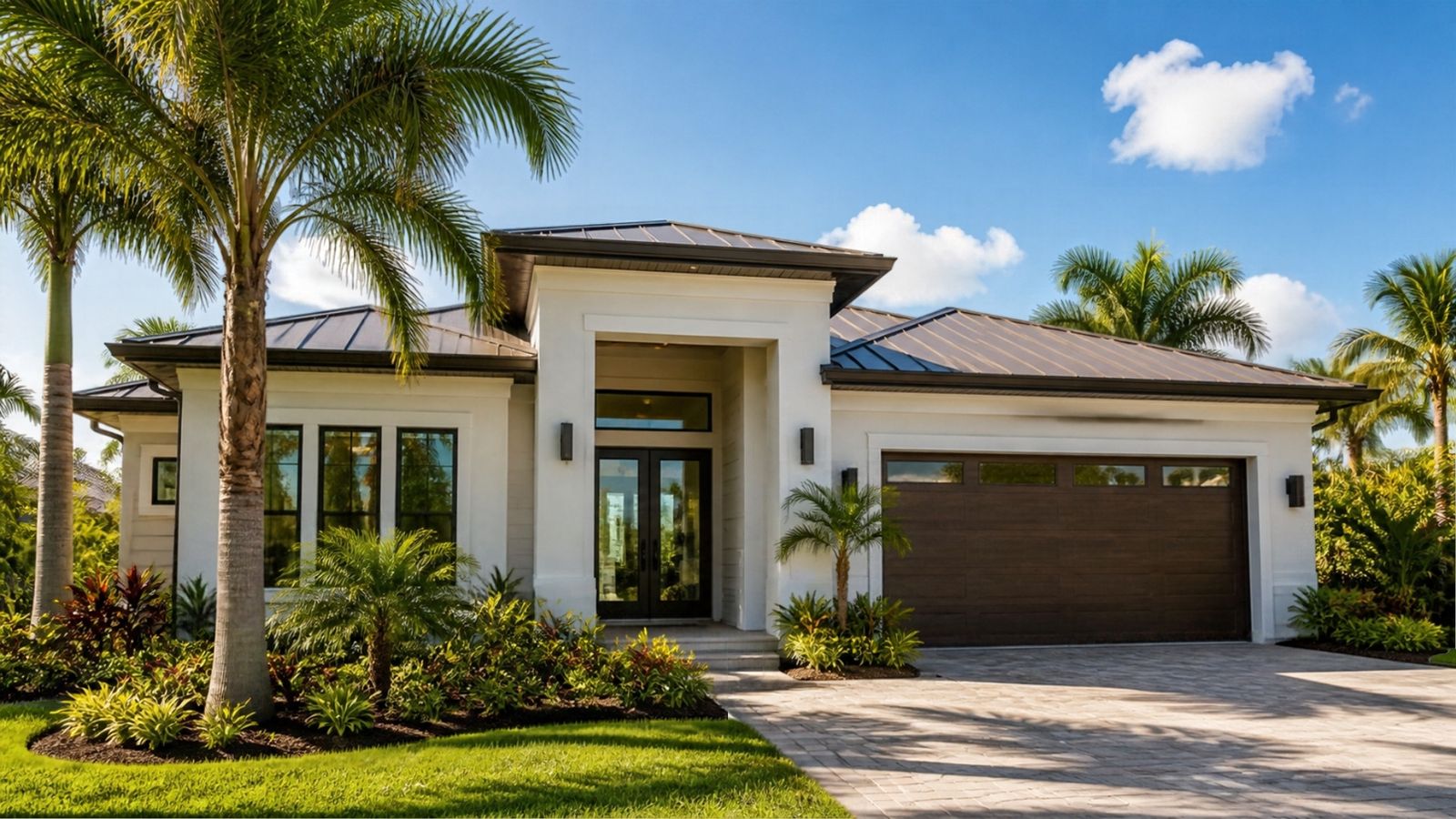 Single-family Florida rental home with palm trees and a paver driveway