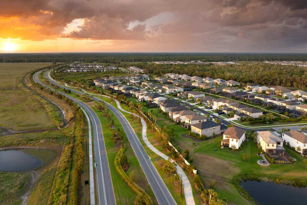 Aerial view of Florida residential homes at sunset
