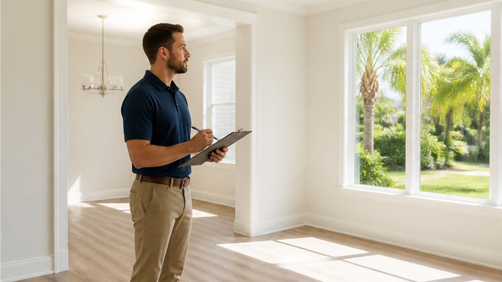 Property manager with a clipboard evaluating an empty Florida rental home