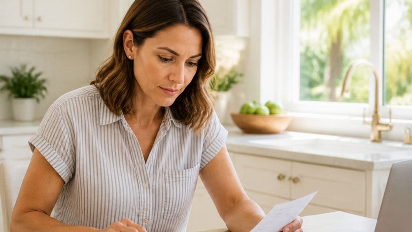 Rental owner reviewing bills and receipts at a kitchen table