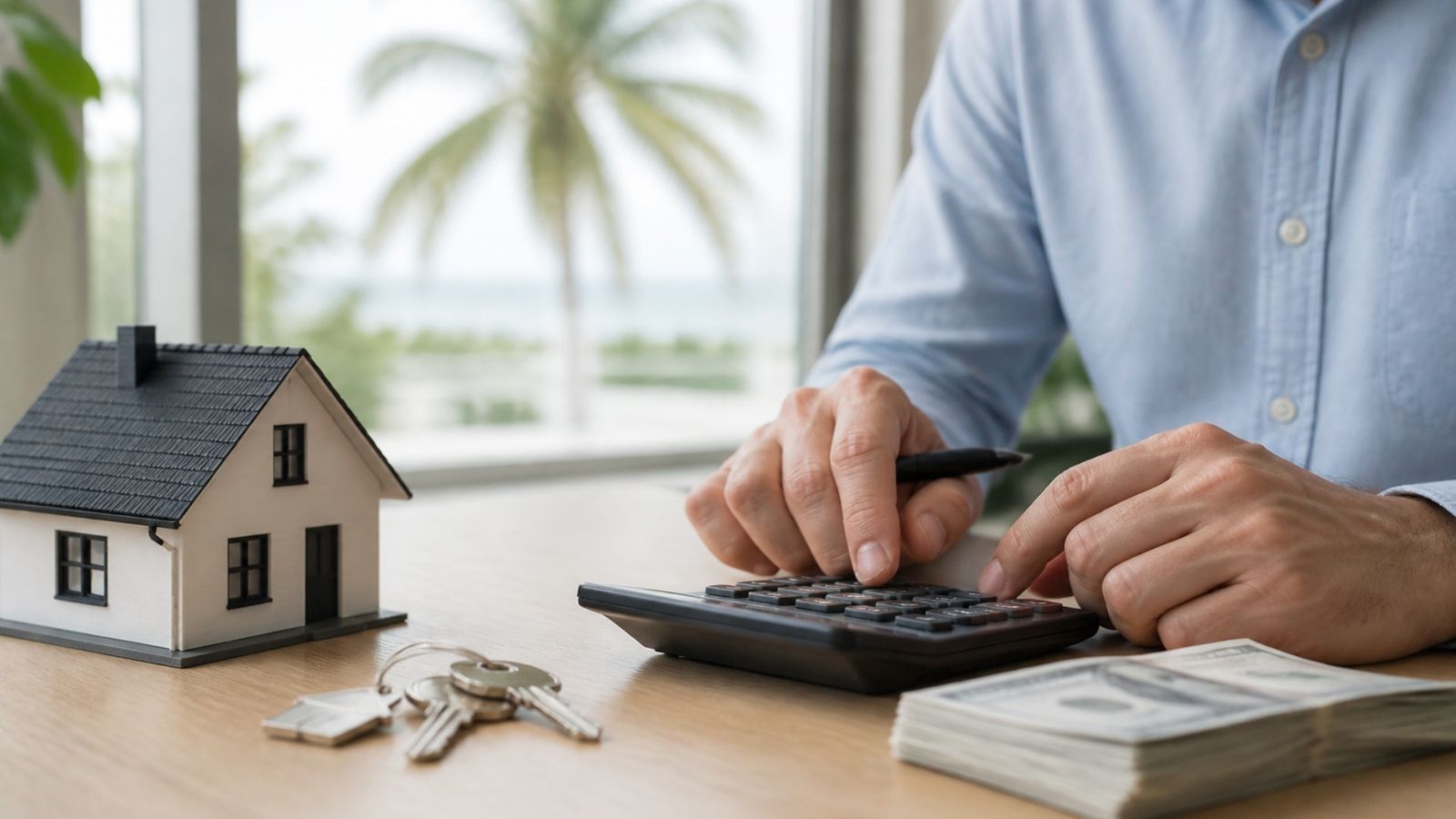 Investor using a calculator beside a model house, keys and cash