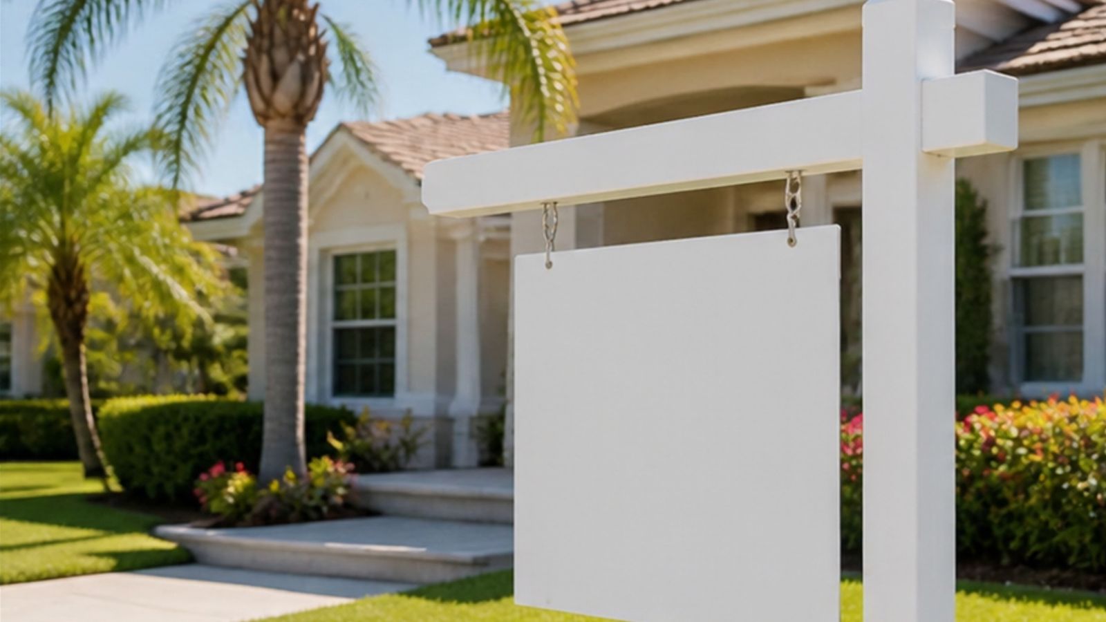 Blank rental sign in front of a Florida home with palm trees