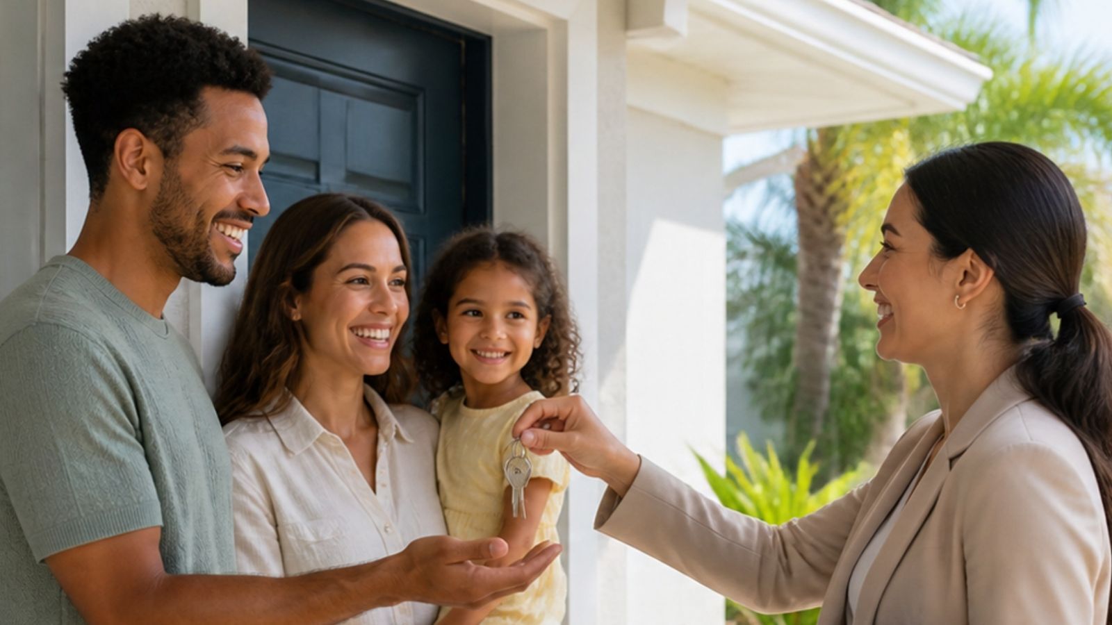 Leasing agent handing house keys to a smiling family at their new rental