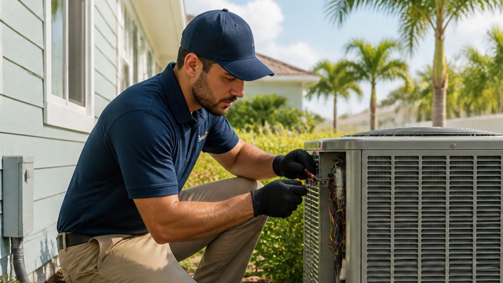 HVAC technician servicing an outdoor air conditioning unit at a Florida home