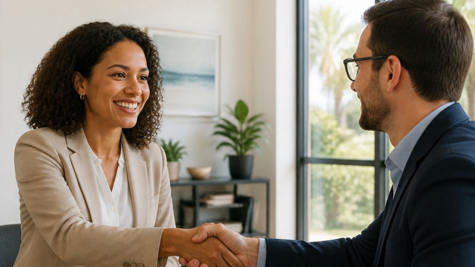 Property owner shaking hands with a property manager in a bright office